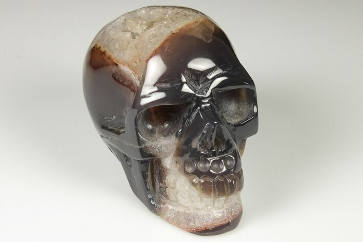 Polished Banded Agate Skull with Quartz Crystal Pocket #190490